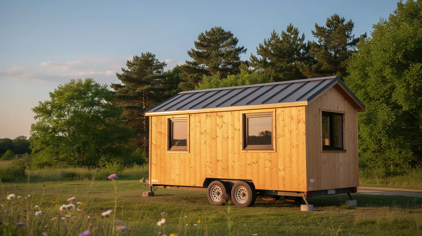 09af85035d214d6abd23aa69a8fb1207 A small wooden tiny house on wheels is parked in a scenic rural setting surrounded by trees showcasing a cozy livable space perfect for minimal living This charming tiny home features a covered porch ideal for enjoying the outdoors while saving money on property costs