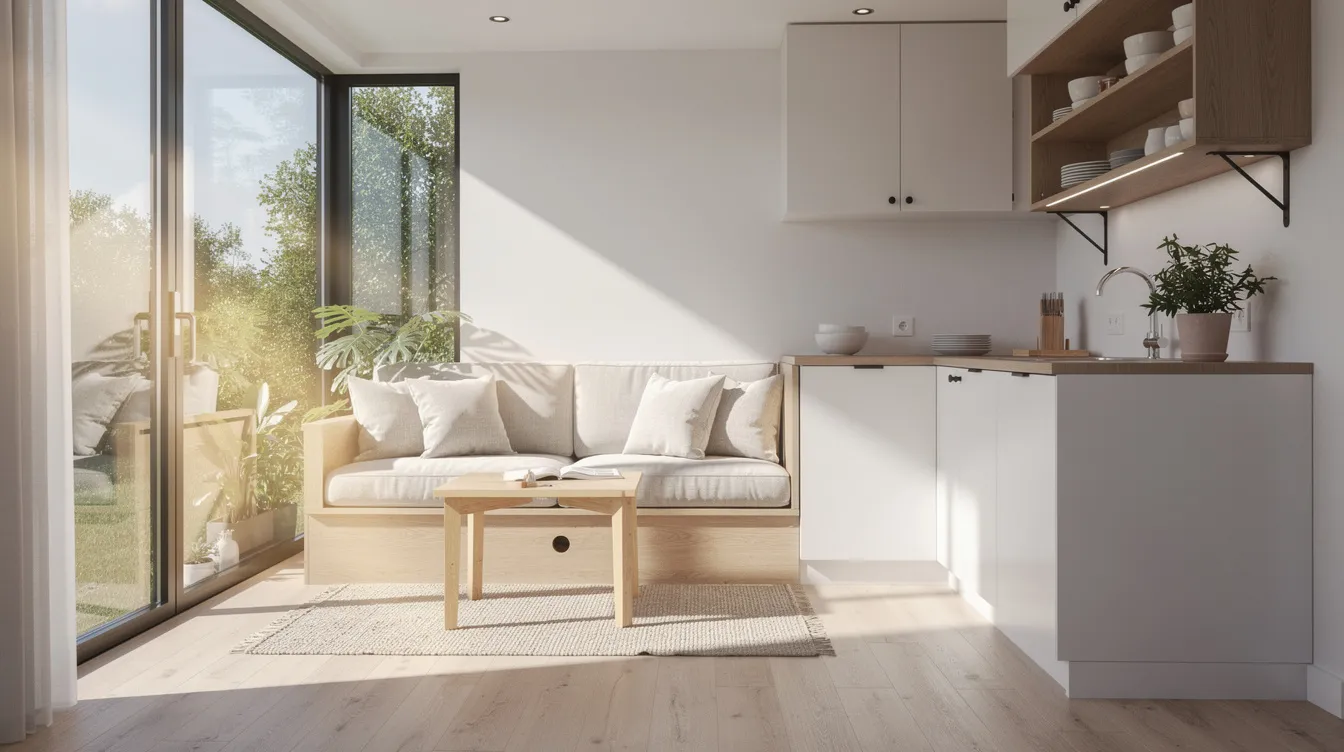 0a0fa22fac734fa4b49a77c3f87f6b92 The image showcases a bright tiny home interior filled with natural light streaming through large corner windows creating an inviting living space The well designed layout features a cozy ground floor bedroom and a dining area emphasizing the efficient use of square footage in this modern tiny house