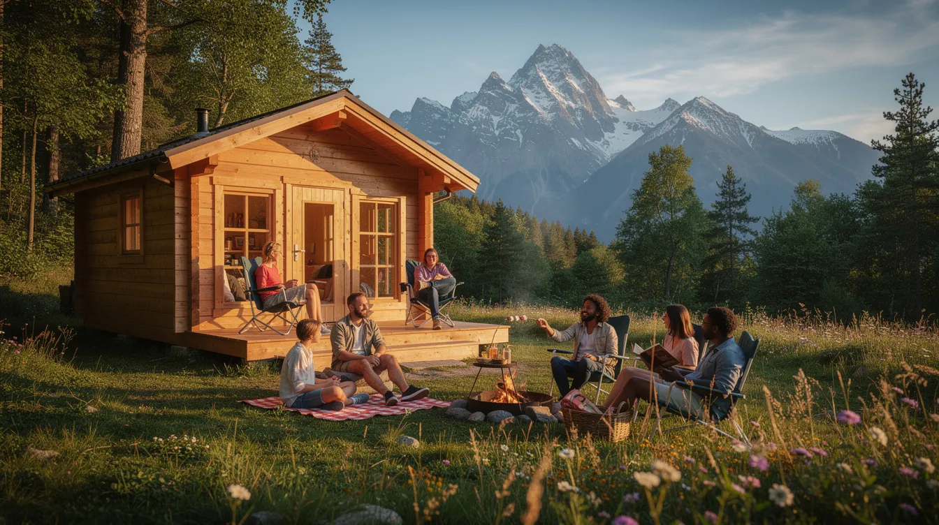 0a1a3808a34845ef92a282727004af15 A group of people relax outdoors near a small cabin surrounded by nature with mountains in the background capturing the essence of tiny living in a serene setting This scene reflects the community spirit often found in tiny home communities in South Carolina where residents enjoy the beauty of the landscape and the simplicity of life