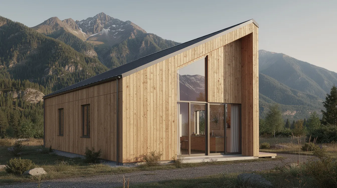 0a2561a4782341e4919852c0efb83f5a A modern tiny house featuring a sleek mono pitch roof and vertical wood siding is set against a stunning mountain backdrop The design incorporates large windows to maximize natural light creating a bright and inviting living space ideal for tiny house living