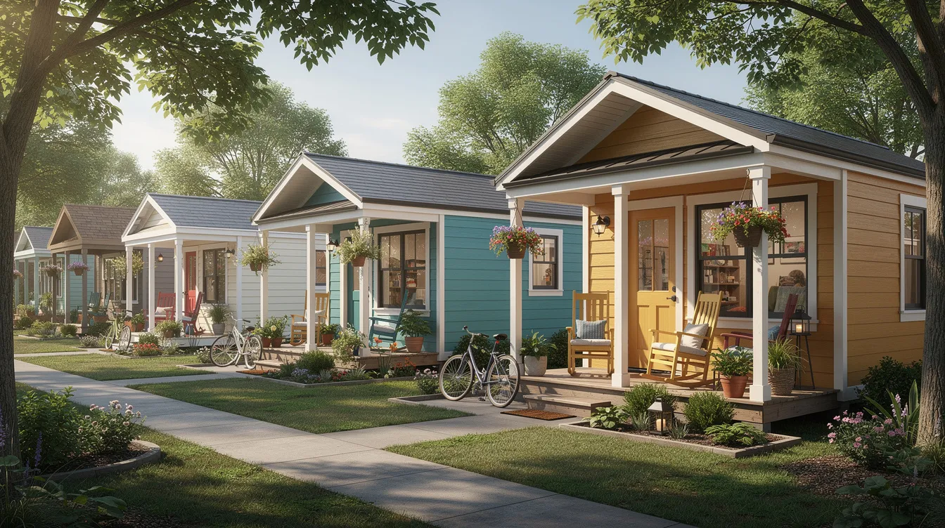 0baf1be7179941bfb7aa6f7388aa68e5 The image depicts a row of charming tiny homes with inviting front porches nestled within a tree lined tiny home community This peaceful setting features lush pine trees and offers modern rustic designs creating a perfect environment for community living and connection among residents