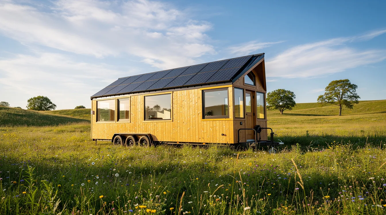 0be841bc81d44fe0b18f915365c5e144 A tiny house on wheels sits in a sunny meadow featuring solar panels on its roof embodying principles of passive solar design This sustainable living space is designed for energy efficiency maximizing natural light and warmth from the sun