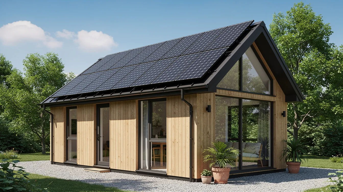 0c19c55a767f401795d3384f7249a1a3 The image shows a small modern tiny house with solar panels installed on its roof emphasizing sustainable tiny living This eco friendly design highlights the innovative use of space and energy efficiency in contemporary tiny homes