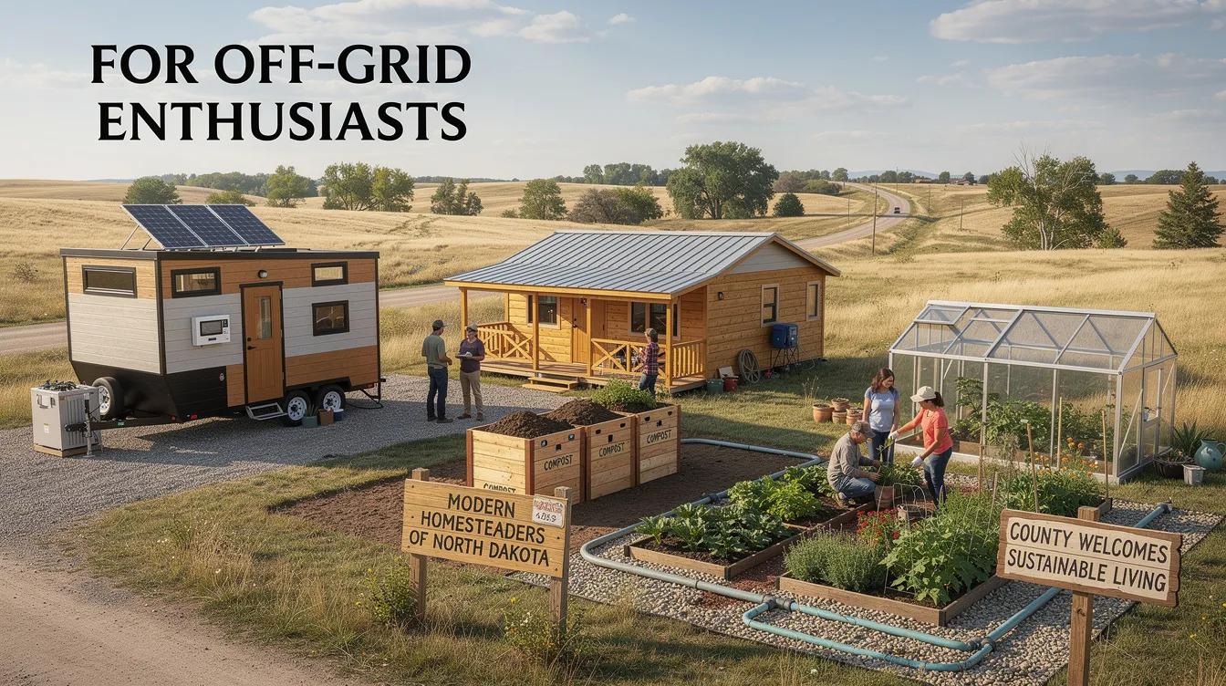 0cf8199720064937a3e22966fdc9865e The image depicts a vibrant rural community in North Dakota showcasing tiny houses designed for off grid living These homes emphasize self sufficiency through solar energy composting and greywater systems appealing to those interested in sustainable lifestyles and tiny living