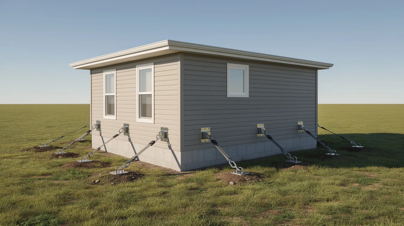 0dc79ece77ce4b24bafdd2d072b3faee The image shows a small super secure tiny house in an open field anchored firmly to the ground with visible heavy duty straps and tie downs designed to withstand strong winds and extreme weather conditions This tiny home exemplifies safety measures that help protect against storm damage during hurricane season ensuring a reliable living space even in dangerous types of weather