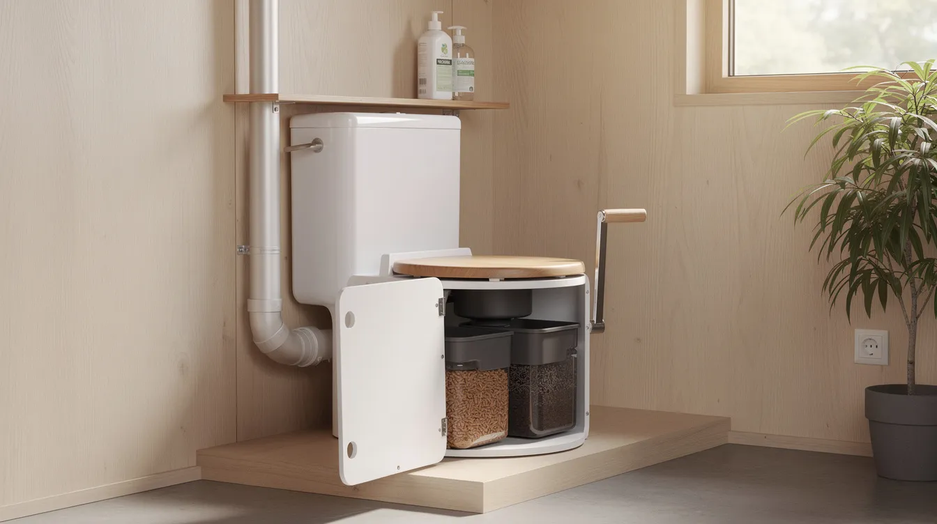 0e98a4ddb2234be08c116f81269ee83b The image depicts a compact composting toilet designed for tiny houses showcasing features like a urine diverter and a composting chamber This eco friendly solution for waste disposal in small spaces emphasizes hygiene and convenience while minimizing environmental footprint