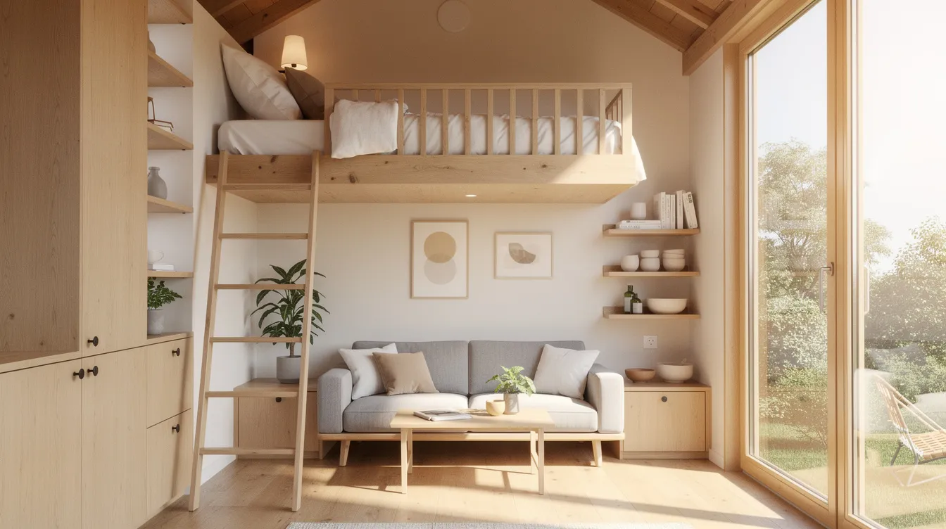0edaaa93e1b64a30b6cffc0cf8a1aef7 The image depicts the interior of a bright tiny home featuring large windows that allow natural light to flood the space wooden finishes that add warmth and a cozy sleeping loft above This comfortable living area exemplifies the charm of tiny house communities perfect for small families looking to embrace a minimalist lifestyle in Nebraska