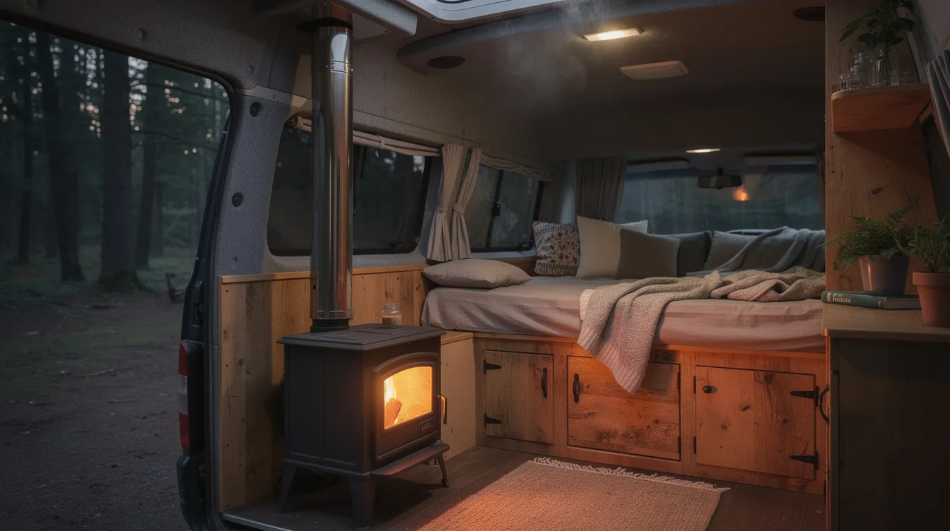 0f9190dad1c34435a38bf08ddbd4056d A small wood stove is installed inside a converted van featuring a visible chimney pipe extending through the roof This cozy setup is ideal for providing reliable heat in tiny homes or mobile living spaces making it a perfect stove for staying warm during winter