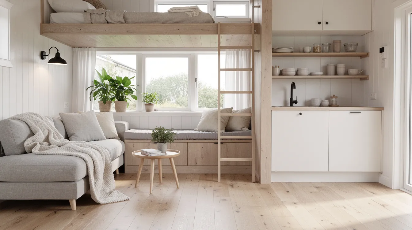 10a480625b96476894649fc2c795c499 The image showcases a cozy Scandinavian tiny house interior featuring white walls and large windows that invite natural light The layout includes a small kitchen a stylish dining area and a guest bed all designed with natural materials and textures to create an inviting atmosphere