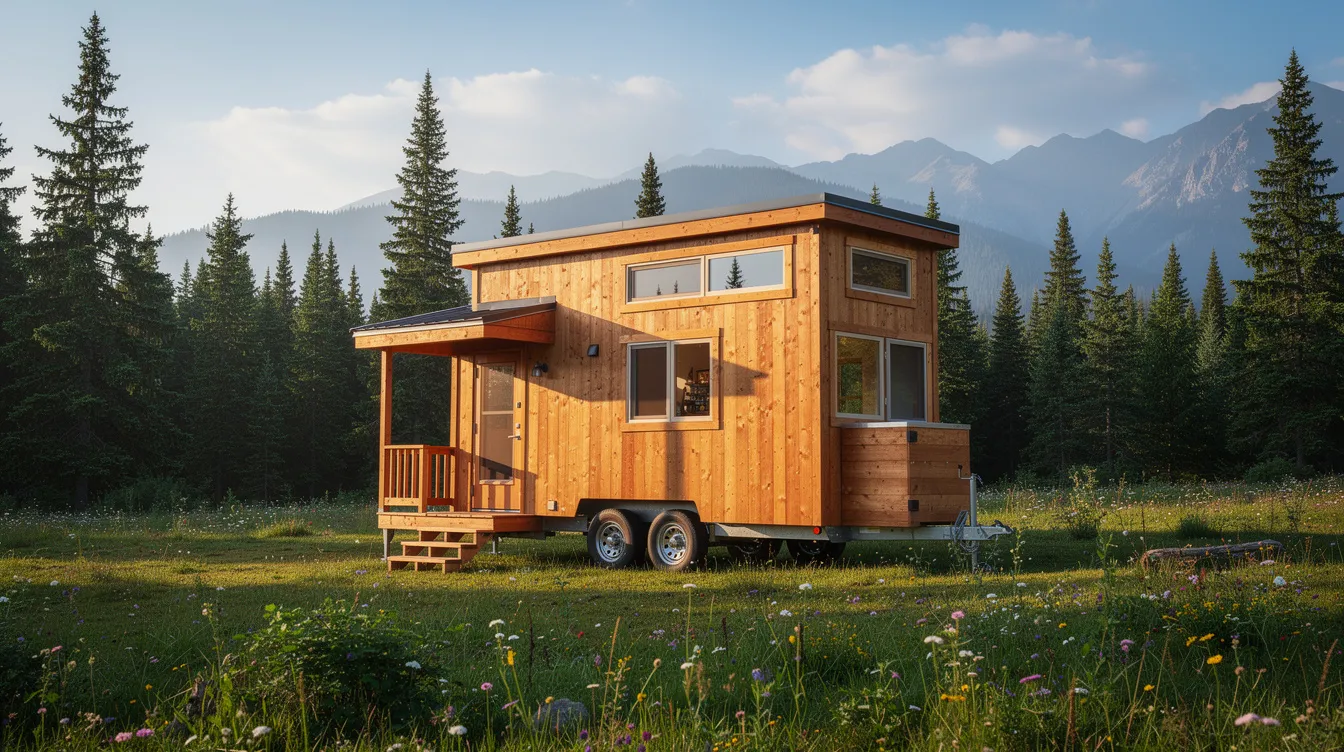 10c5dee889b34d9eb43072635082cc1a A charming tiny house on wheels sits nestled in a picturesque mountain meadow surrounded by tall trees showcasing the beauty of tiny living This tiny home exemplifies a cozy living space ideal for those considering buying a tiny home in a serene location