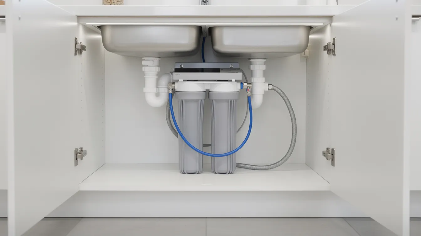 1176ff6bb3d74c0c9c2ff10cbfc41843 The image depicts a compact under sink water filtration unit installed within a tiny kitchen cabinet complete with connection hoses This water filter system is designed to provide clean drinking water by removing harmful contaminants and improving water quality making it an essential feature for RV owners and weekend campers