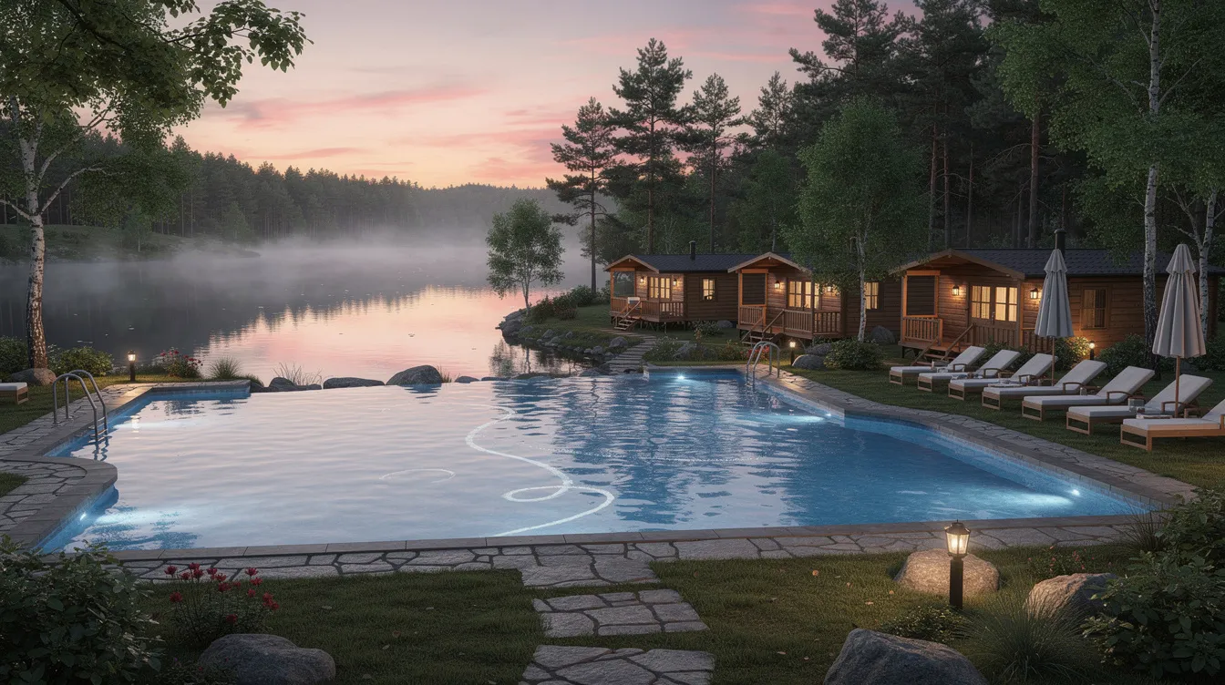 118d7e35332444a388be36f5ed175be9 The image shows a serene lakeside resort featuring several small cabins nestled among lush trees with a swimming pool invitingly situated in the center This tranquil setting is perfect for those interested in tiny living and enjoying nature in Michigan particularly near Traverse City
