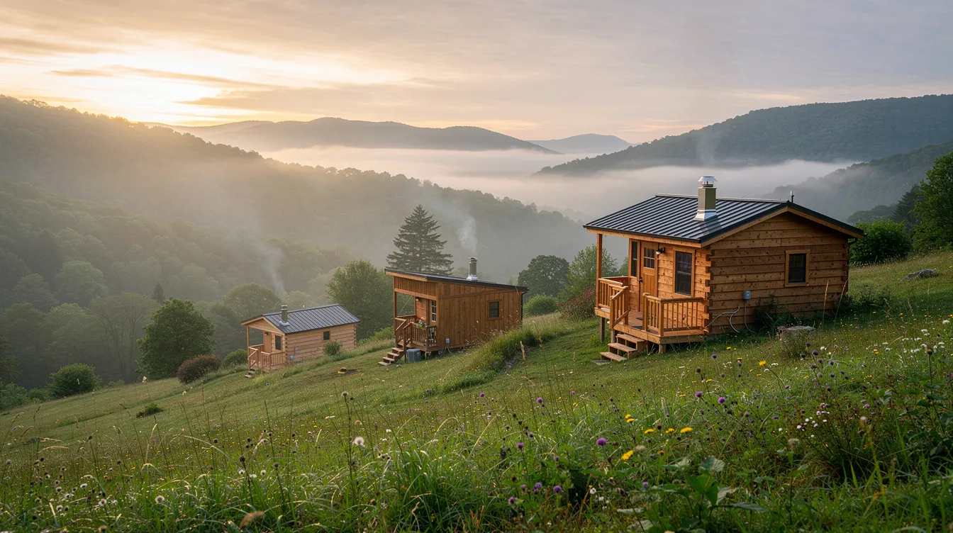 11da6e7d550b407d886b480e6ce791ba A scenic view showcases small wooden tiny homes nestled among the lush green Appalachian mountains enveloped in morning mist highlighting the charm of tiny home communities in West Virginia This picturesque setting is perfect for those seeking a retreat in the beautiful New River Gorge area combining nature and cozy living