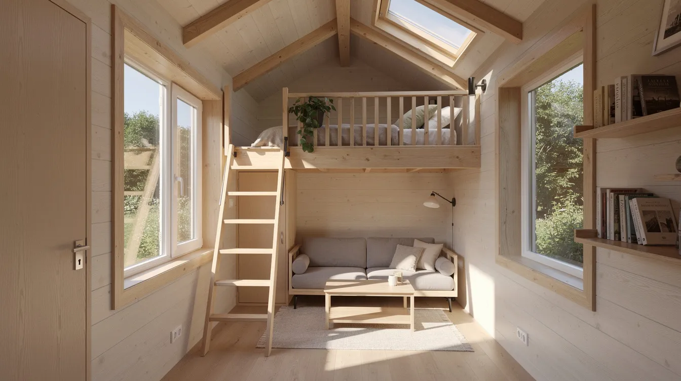 125efe55f75a48b8a622094d9ffc4b18 The image depicts the interior of a tiny house featuring a wooden loft area bathed in natural light showcasing a cozy living space The design includes innovative storage solutions and a loft ladder emphasizing the efficient use of vertical space in this small footprint home