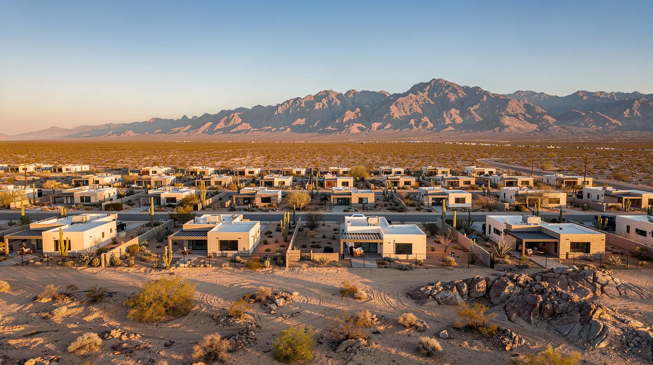 129f3c459e374f8586ff84f6cb6a246b An aerial view showcases a cluster of modern tiny homes nestled in a desert community with majestic mountains rising in the background This tiny house community in Nevada features well planned spaces ideal for those interested in a minimalist lifestyle surrounded by nature