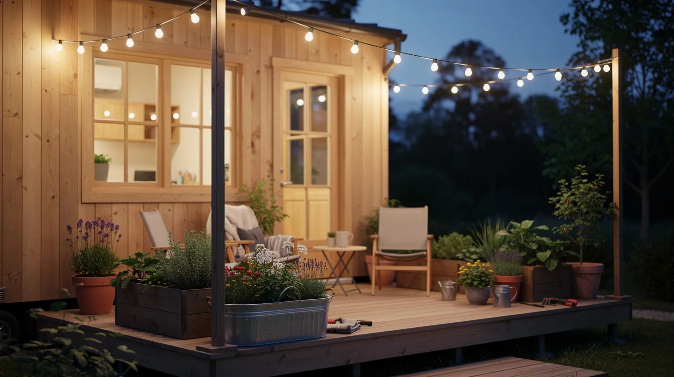 12d43a2a292042119345c60afd0992e4 The image features a charming tiny house exterior complete with a small deck adorned with string lights that create a warm ambiance at night Surrounding the home are vibrant container gardens that add natural beauty and visual interest to the compact space showcasing unique architectural features and a modern design
