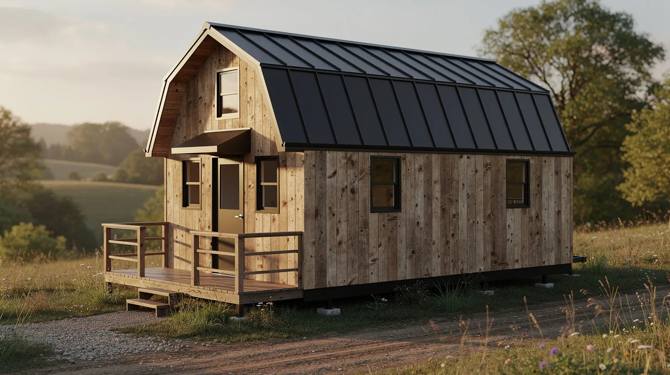12d5c7749db64c6da04f42bf74605d48 The image features a rustic tiny house with a barn style gambrel roof characterized by its distinctive dual slope profile which enhances both aesthetic appeal and energy efficiency This tiny house roof design is ideal for rural areas providing ample interior space while also being suitable for snow runoff and strong winds