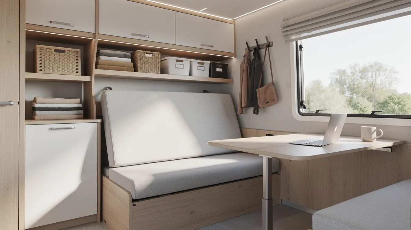 134cabdcaa2f4736b8a7034edad5ad60 The image depicts the interior of a compact mobile living space showcasing convertible furniture that maximizes functionality and organized storage solutions that enhance the minimalist living experience This efficient design exemplifies the essence of tiny house living offering a cozy environment for those embracing the van life or living in a tiny home