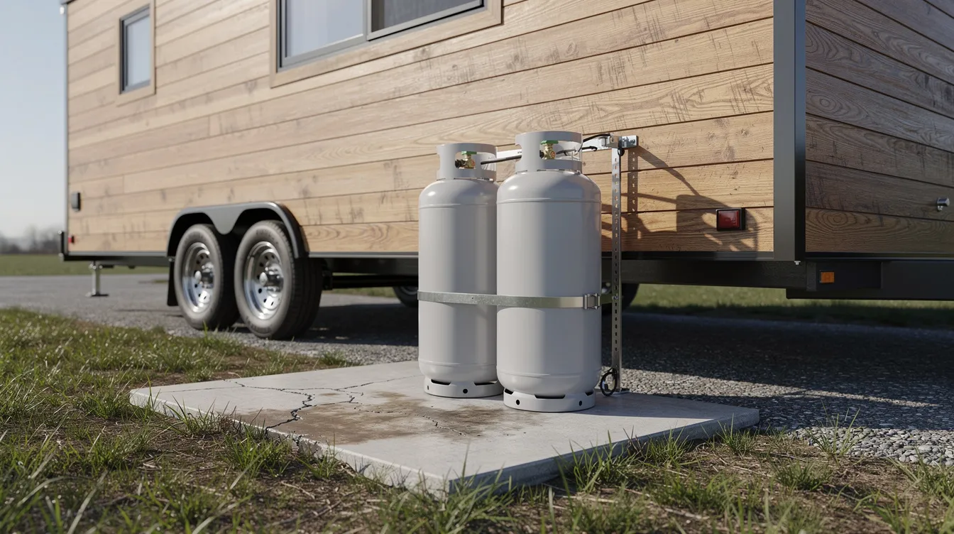 1399ee6423714bd2915d59bcd404230e Two propane cylinders are securely positioned upright on a concrete pad beside a tiny house trailer ready to supply fuel for appliances like a gas stove or tankless water heater This propane system is essential for providing hot water and cooking energy in a tiny home setup
