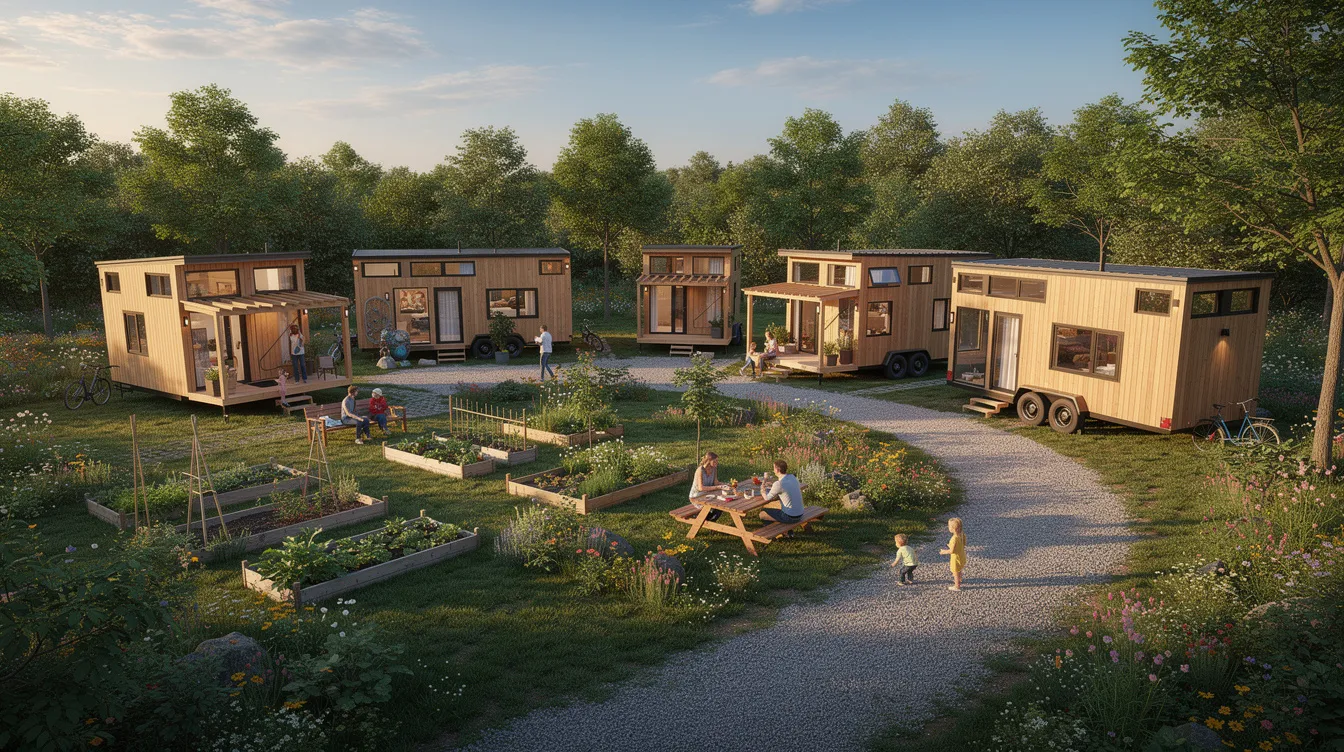 13c1c179aa114352a78fce23de003703 The image depicts a vibrant tiny home community nestled in western North Carolina showcasing various tiny houses surrounded by lush landscaping and common areas like community gardens and a dog park Residents enjoy a lifestyle of simple living connecting with nature and each other in this harmonious neighborhood designed for sustainability and big dreams