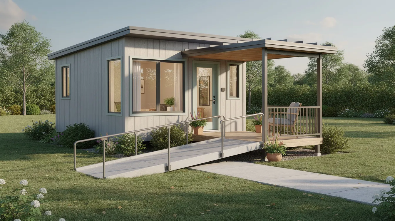 1545abdc1b6b4589936f504992771cca The image shows an exterior view of a single level tiny home featuring a wheelchair ramp and a small covered porch illustrating the accessibility and charm of tiny living This design is ideal for retirees seeking a simpler life in a familiar and comfortable living space