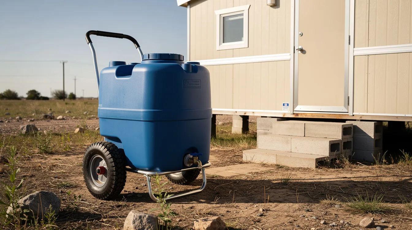 15bf75f7f29742bd823da9312a52a4c7 The image shows a wheeled portable plastic water tank positioned next to a small trailer home commonly referred to as a tiny house This setup is often utilized by tiny house owners as part of their grey water system for managing non sewage waste water from sources like kitchen sinks and showers