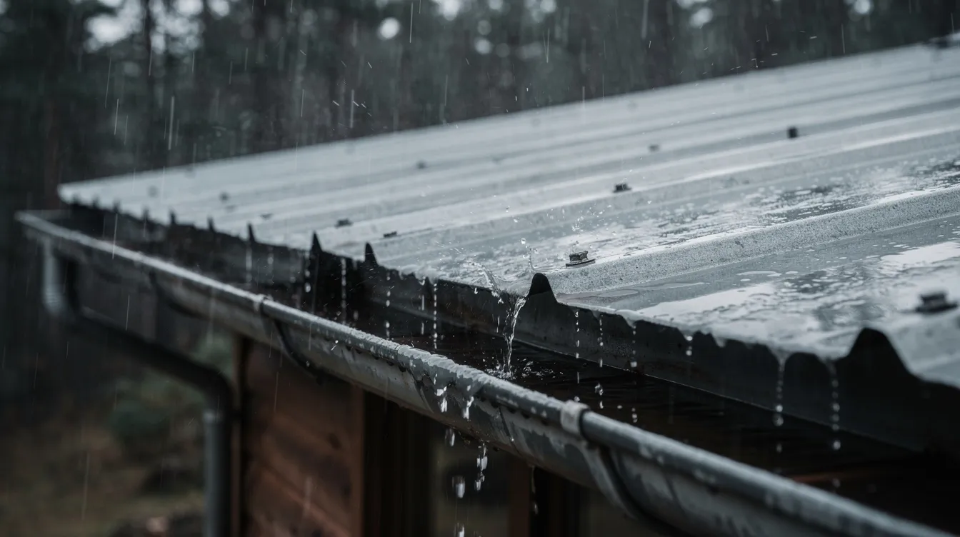 16e9f689443d40449faddc765fd90c34 Rain is falling on the corrugated metal roof of a tiny house with gutters visible along the edge that collect water for a rainwater harvesting system The sound of the rain creates a soothing atmosphere as it drains into storage tanks for fresh water supply