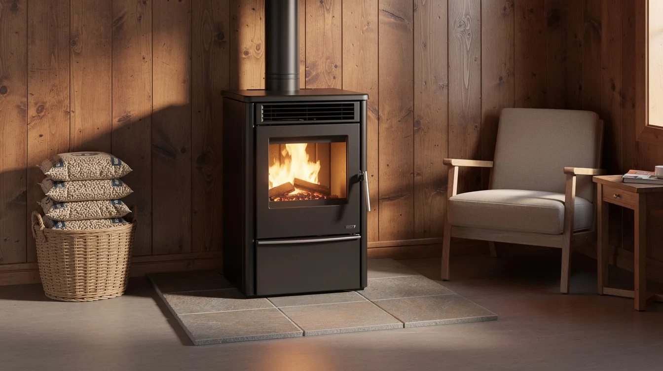 16fe1c6cf4504fd4b393dbed17adbb47 A compact pellet stove is positioned in a small living space with wood paneled walls providing an efficient heating solution for tiny homeowners during cold climates The visible hearth pad enhances the cozy atmosphere making it a space saving choice for maintaining a comfortable temperature in the tiny house