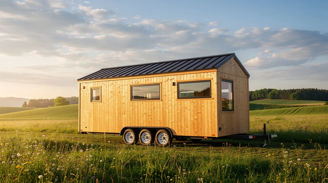 191d46e96c544378b6f396d0e946d940 A small wooden tiny home on wheels is parked in a lush green meadow surrounded by tall grass and wildflowers showcasing the charm of tiny house living This picturesque scene highlights the growing trend of affordable housing options like tiny homes often financed through tiny home loans or personal loans for those seeking a unique lifestyle