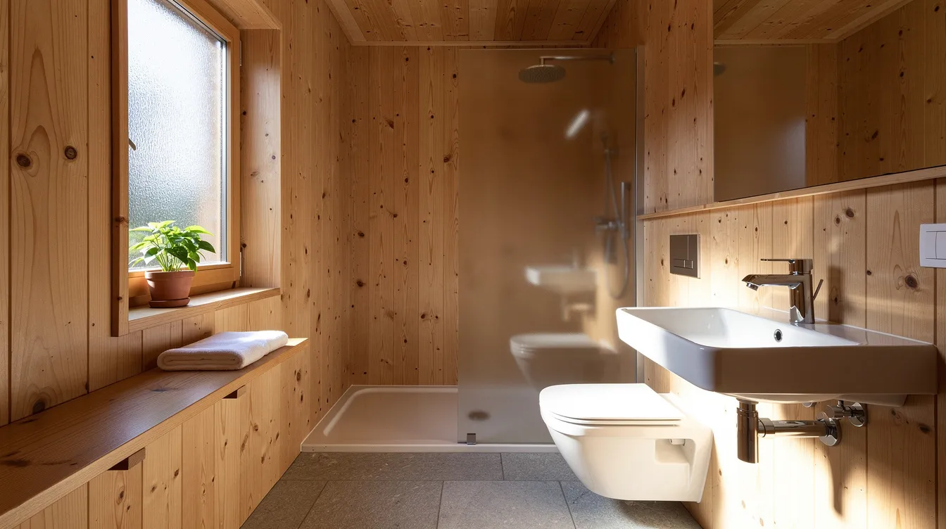 194290dc65aa4c23b1d270e8bdef9975 The image depicts the interior of a small wooden bathroom in a tiny house featuring natural lighting and compact fixtures including a composting toilet designed for efficient waste disposal The space is thoughtfully arranged to maximize comfort and hygiene while maintaining an odor free environment ideal for small living spaces