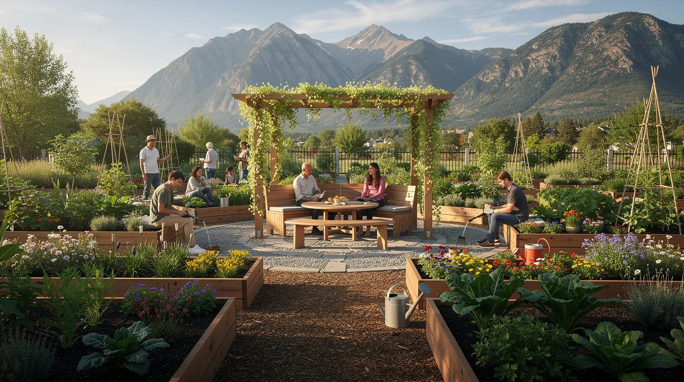 19ce79211d024ff3a90bf4413ef0cc4b The image depicts a peaceful community garden nestled in a quiet agricultural community with stunning mountain views in the background Residents of this tiny home village gather in the shared outdoor space enjoying the natural beauty of the Pine River Valley while fostering a sense of community