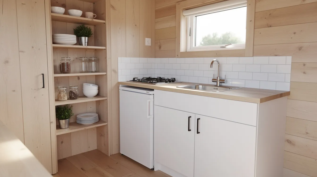 1ae687950d3e44c1a0358d3f13b4f523 The image shows the interior of a compact tiny house kitchen featuring a small kitchen sink and counter designed for efficient use of space The setup includes essential tiny house plumbing elements showcasing a practical layout for water supply and drainage
