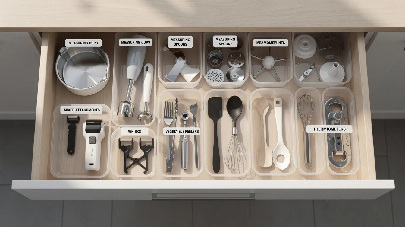 1c79ca74446747e289c200a1cbdacdba The image shows a neatly organized kitchen drawer containing compact appliances and accessories all stored in labeled bins for easy access This efficient setup is ideal for tiny kitchens and small spaces helping to save counter space while accommodating essential items like a slow cooker air fryer and rice cooker