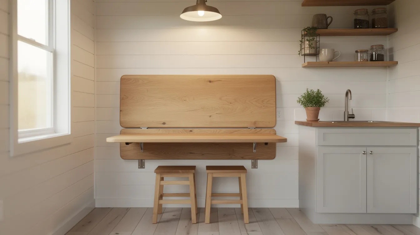 1c833c5ecd2f4aa2874b7088f173dff7 The image features a wooden drop leaf table mounted on a wall in a cozy tiny house kitchen area showcasing an efficient use of vertical space This multipurpose furniture piece serves as a dining table while saving floor space making it an ideal solution for small living areas