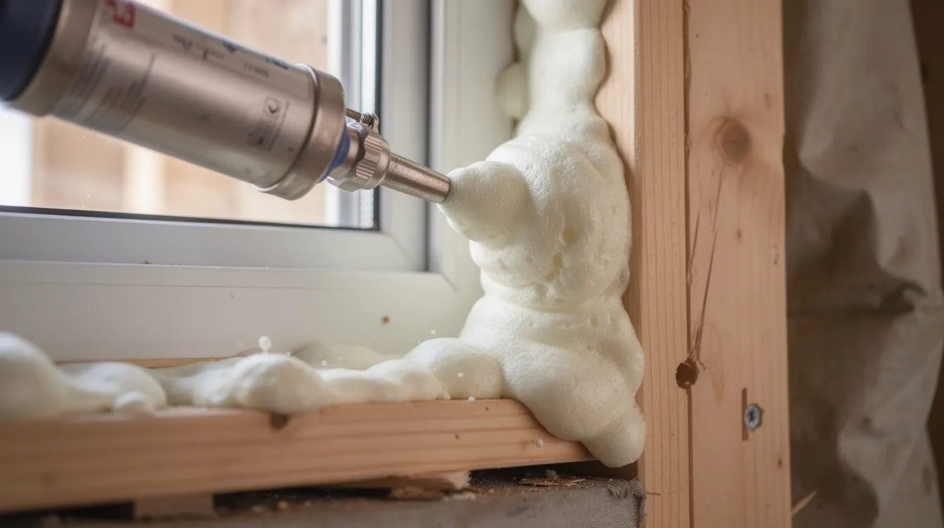 1cbd6245110547d882f0fcbb64a8ffa3 A close up view shows expanding foam being applied around a window frame within a wooden wall highlighting the use of spray foam insulation to seal air leaks and enhance energy efficiency in tiny homes This foam insulation helps prevent unwanted air transfer contributing to better thermal performance and comfort in small living spaces