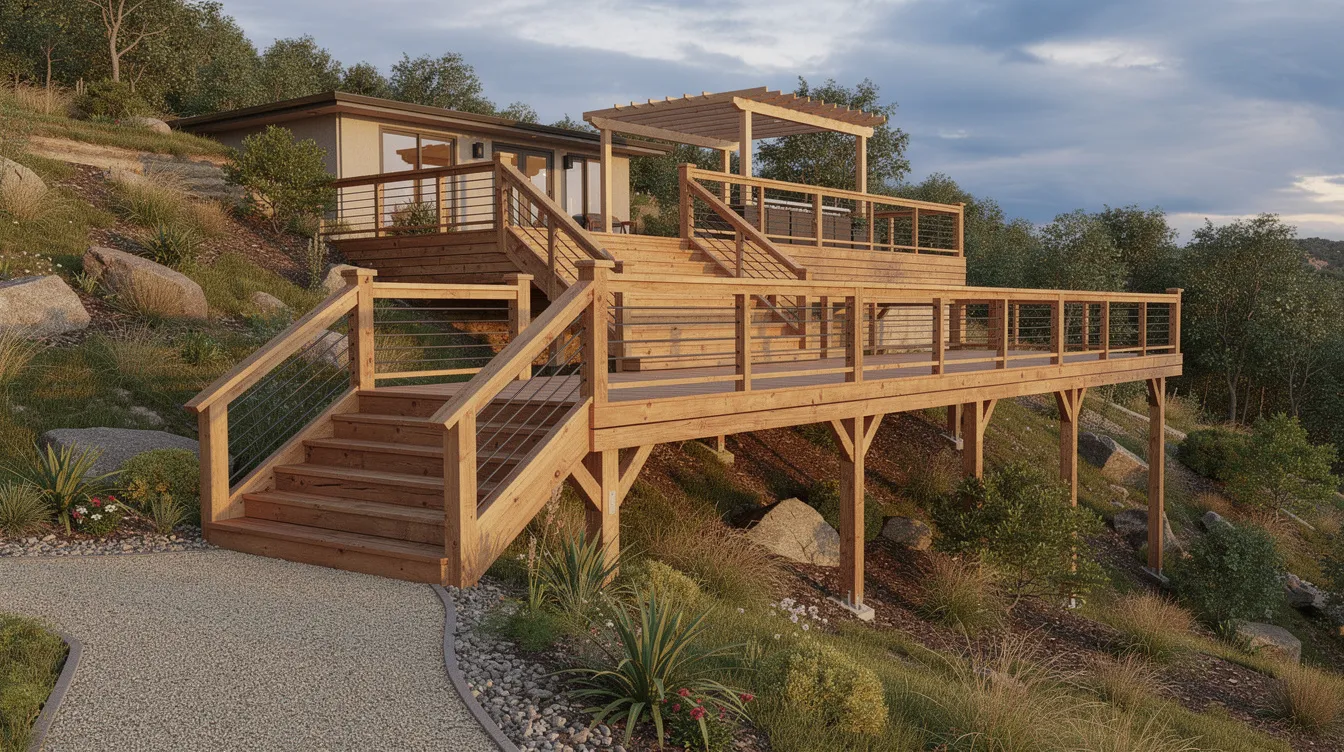 1d080477b3164070ac5f8b323f06f4ce The image features a multi level wooden deck with stairs gracefully integrated into a sloped hillside property creating an inviting outdoor living space perfect for a tiny house or country cottage Lush greenery surrounds the deck enhancing the cozy atmosphere ideal for relaxing or entertaining with friends