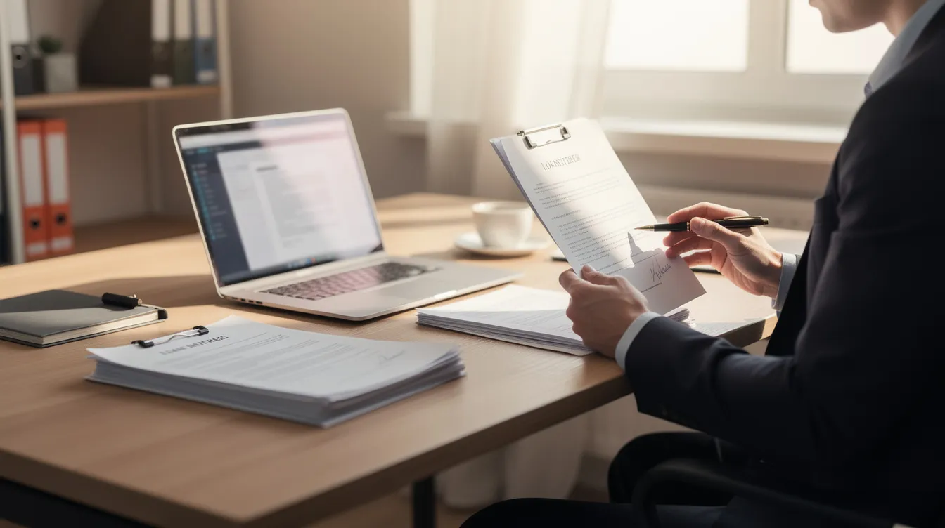 1dbc06c3e9a546868cdf7f604dbe417b A person is seated at a desk reviewing loan documents on a laptop which may include options for tiny home financing and personal loans The scene suggests a focus on understanding loan terms and preparing for a potential purchase of a tiny house or RV