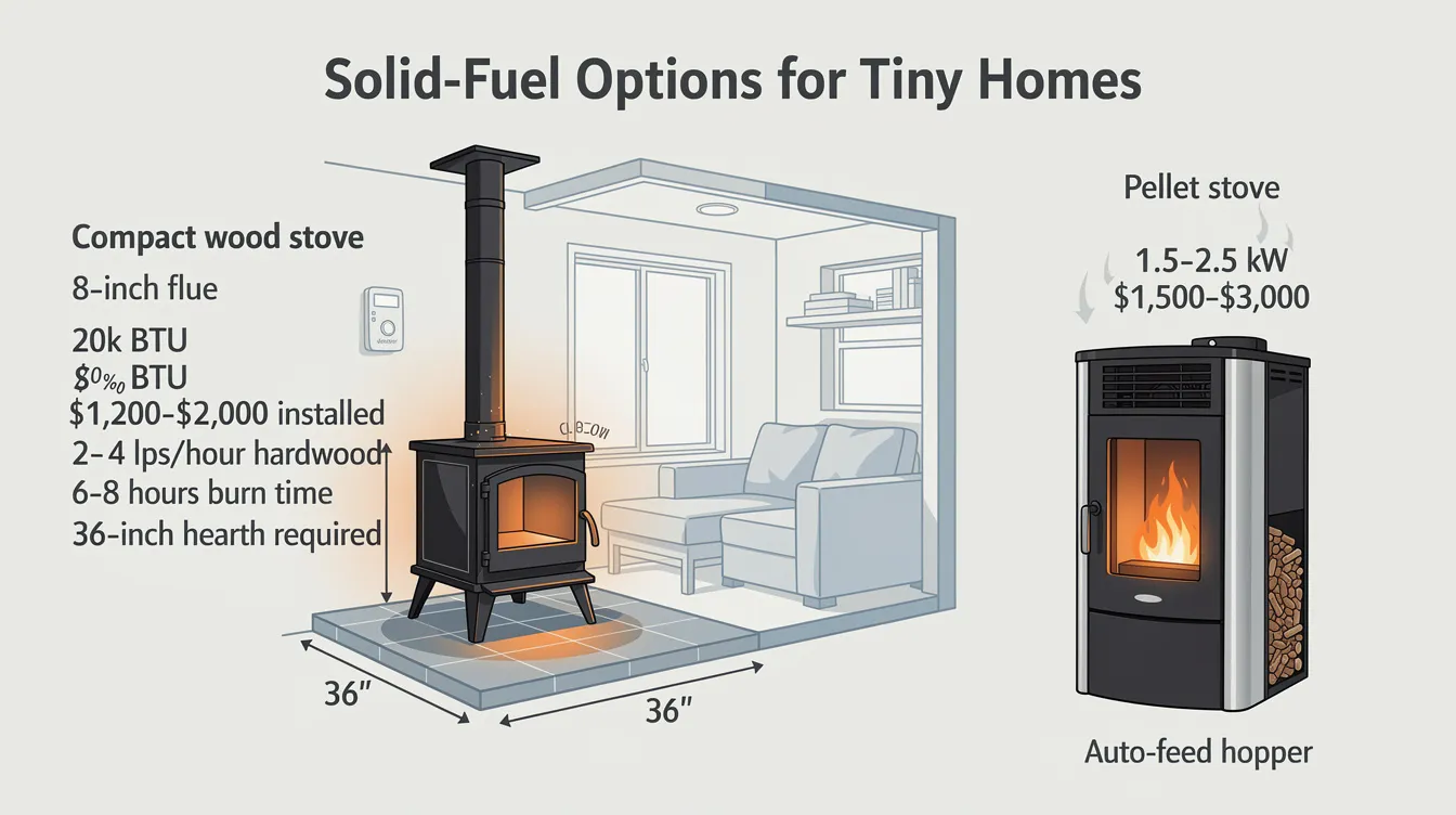 1e117fe95a45410e8dbdb675fd938c36 The image features a compact wood stove designed for tiny homes showcasing its 8 inch flue and a BTU output of 20k ideal for heating small spaces efficiently This wood burning stove a common choice among tiny home owners emphasizes effective heating while maintaining a cozy atmosphere in cold climates