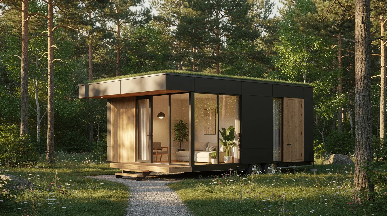 1e234db5ca544634a8f1e49300269973 The image depicts a modern tiny house with large windows and unique architectural features nestled in a serene forest clearing The tiny home exterior showcases wood siding and vibrant hues allowing natural light to fill the compact space while blending seamlessly with the surrounding environment