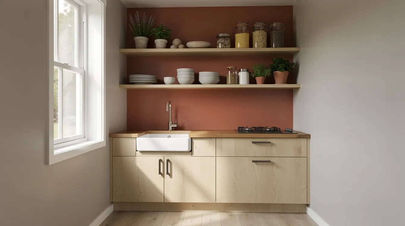 1e3e11cc29a44be4959558bd00763eb5 The image features a cozy tiny house kitchen highlighted by a warm terracotta accent wall behind wooden shelving which adds depth and character to the space Natural light floods the room enhancing the inviting atmosphere and showcasing the stylish interior design that maximizes storage space in this small home