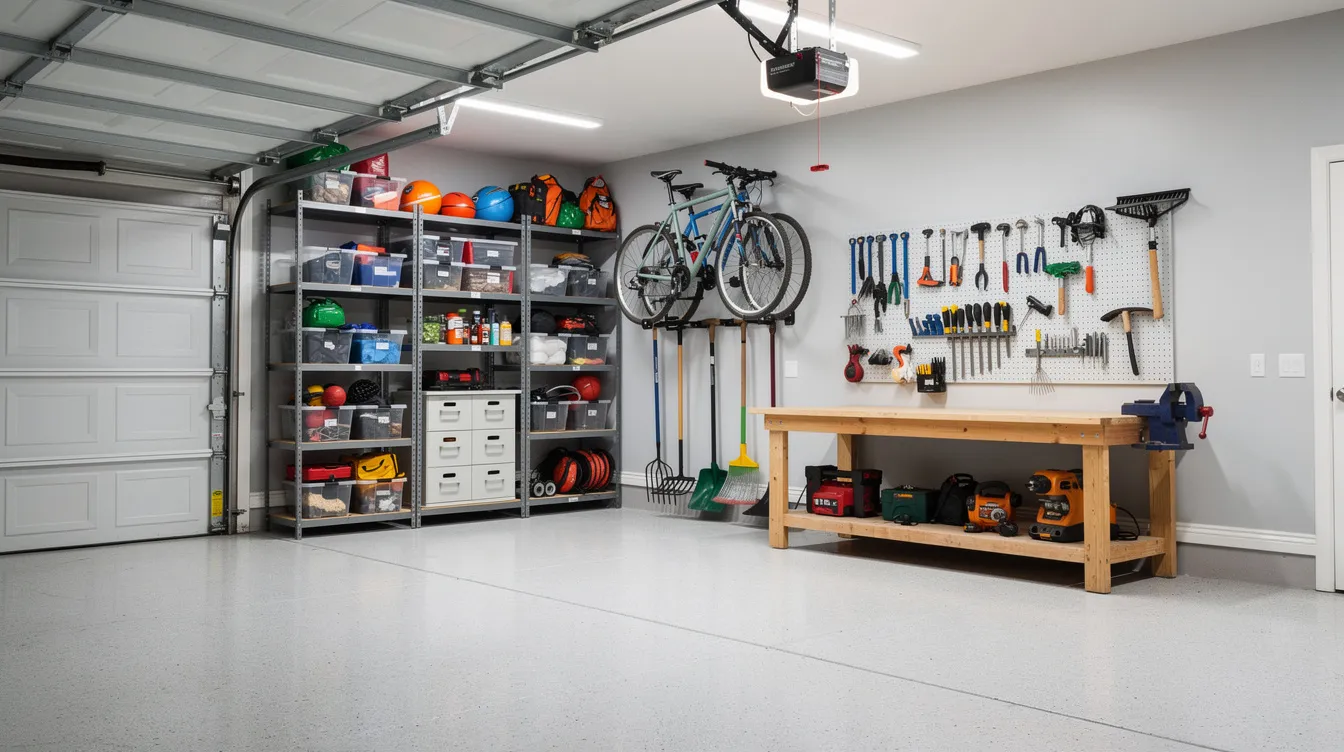 1eefb1675b5e4f028e171d900e1153c1 The image depicts an organized garage interior featuring vertical storage solutions and a dedicated workshop area ideal for maximizing space in a tiny house with garage The layout is designed to minimize clutter while providing easy access to tools and possessions making it perfect for homeowners looking to optimize their limited space