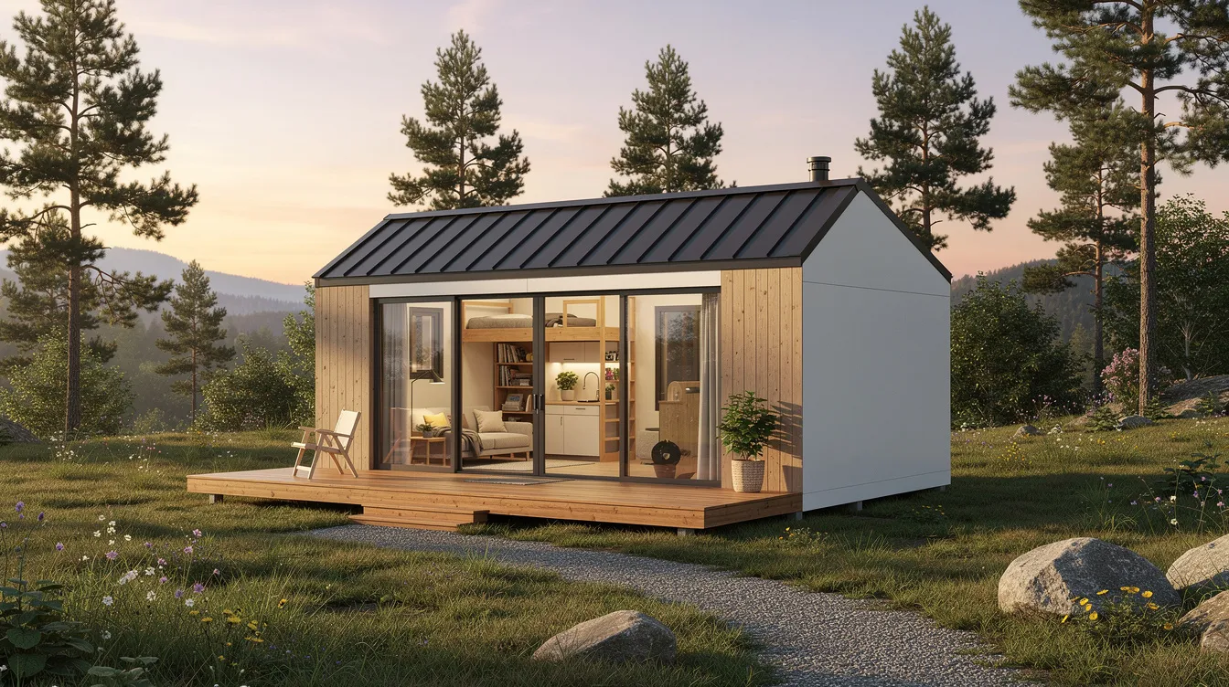1f75fbdec0744d848c4f5c2630d45618 The image depicts a modern prefab tiny home showcasing its sleek design and efficient use of space This cost effective living space emphasizes sustainable living with features like solar panels and energy efficient building materials making it an appealing option for those seeking a smaller carbon footprint and financial freedom