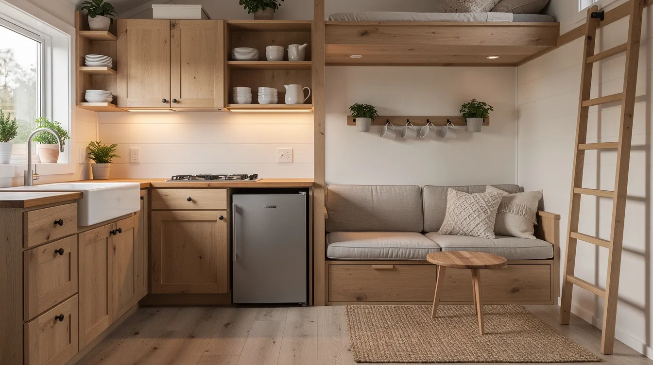 2107d6a26ada4baea9ef123d7a05d4b8 The image showcases the interior of a cozy tiny home featuring a compact kitchen area with natural wood finishes and a small living space designed for minimal living This efficient layout emphasizes the charm of tiny house living perfect for a single person seeking to save money while enjoying a comfortable and functional environment
