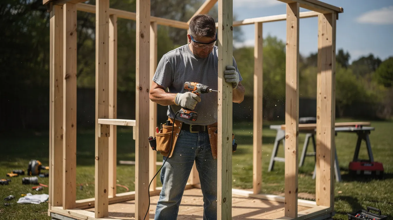 21ac7e27770e494cabfd53608239e605 A person is using a power drill to frame a small wooden structure outdoors which is a key aspect of building a tiny house on a budget This activity highlights the hands on nature of the tiny house movement where careful planning and smart material choices can help cut costs and maximize usable space