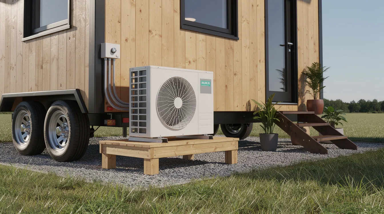 23a2cd4a96c54cffb0db398d58cba14f The image shows a compact outdoor heat pump unit installed on a small wooden platform next to a tiny house on wheels illustrating an efficient heating and cooling solution for tiny home living This singular outdoor unit provides both hot and cold air helping to maintain comfortable temperatures without the need for space consuming ductwork