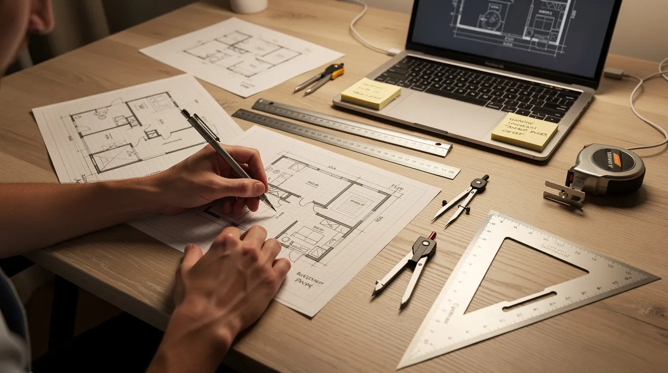241324f69e4a4e1286d7f15ef327bfc7 A person is focused on sketching tiny home floor plans at a desk surrounded by measuring tools and design materials emphasizing the initial phase of their tiny home construction project This scene captures the essence of planning for a dream tiny home highlighting the importance of layout and design in the building process