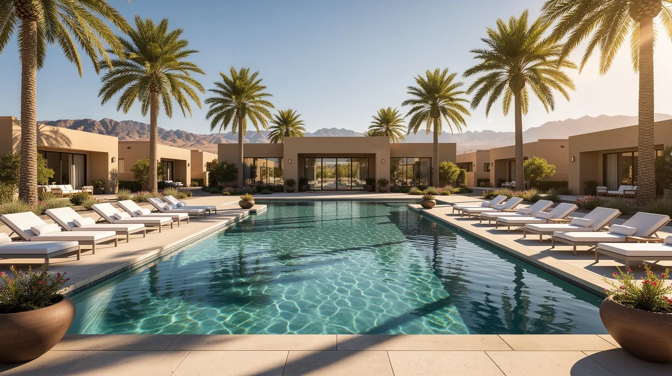 242a7763481f4f9a8eb003c91b78d875 The image depicts a serene swimming pool at a desert resort community surrounded by lounge chairs and tall palm trees offering a relaxing atmosphere for residents of tiny house communities in Arizona This inviting space highlights the beauty of tiny living amidst the natural desert landscape