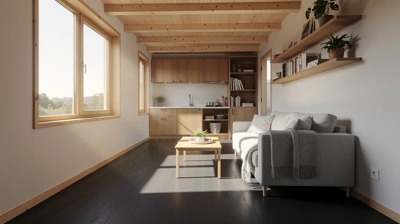 245114c9fe6442bc92108132a62097a1 The interior of a tiny house features sunlight streaming through high quality south facing windows illuminating the dark floor and creating a warm atmosphere This passive solar design enhances the home's energy efficiency by utilizing natural light and heat, making it a sustainable living space.