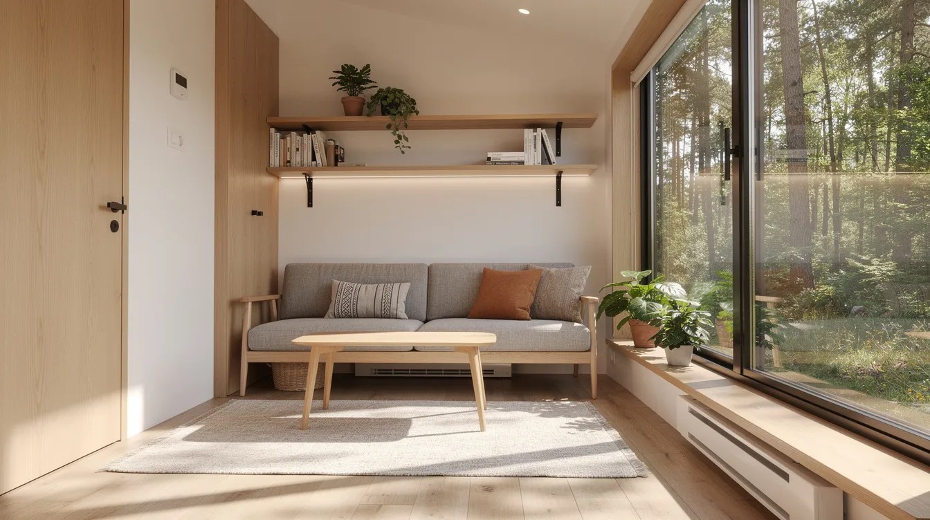 24996d2909934b84b7f30dd986b961bd The image depicts a cozy tiny house interior featuring large windows that allow sunlight to fill the space creating a warm and inviting atmosphere Minimal visible climate control equipment suggests the use of an efficient mini split system for heating and cooling ideal for maintaining comfort in small spaces