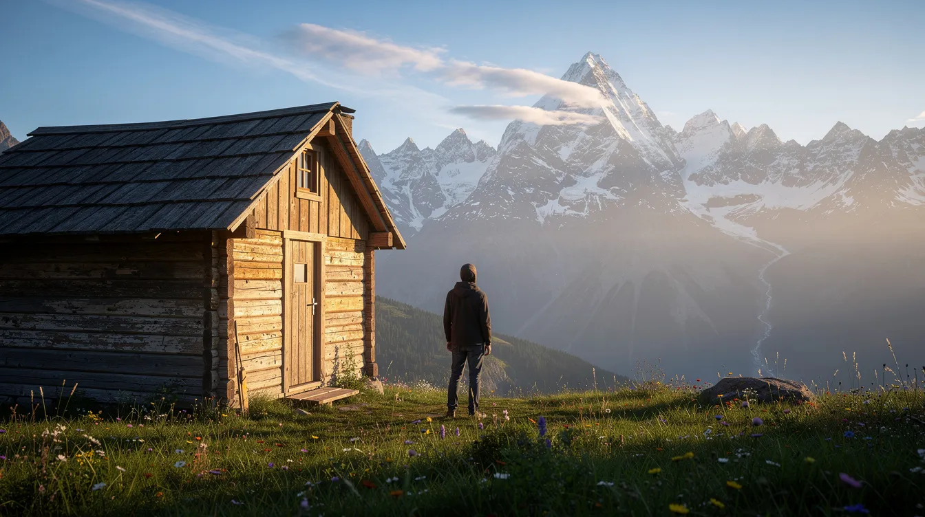 24b78fae8f2b49c0bff7d27a784ebcc3 A person stands outside a tiny wooden home gazing at the stunning mountain view in Montana This scene captures the essence of life in tiny houses highlighting the freedom and simplicity of living in a beautifully crafted space surrounded by nature
